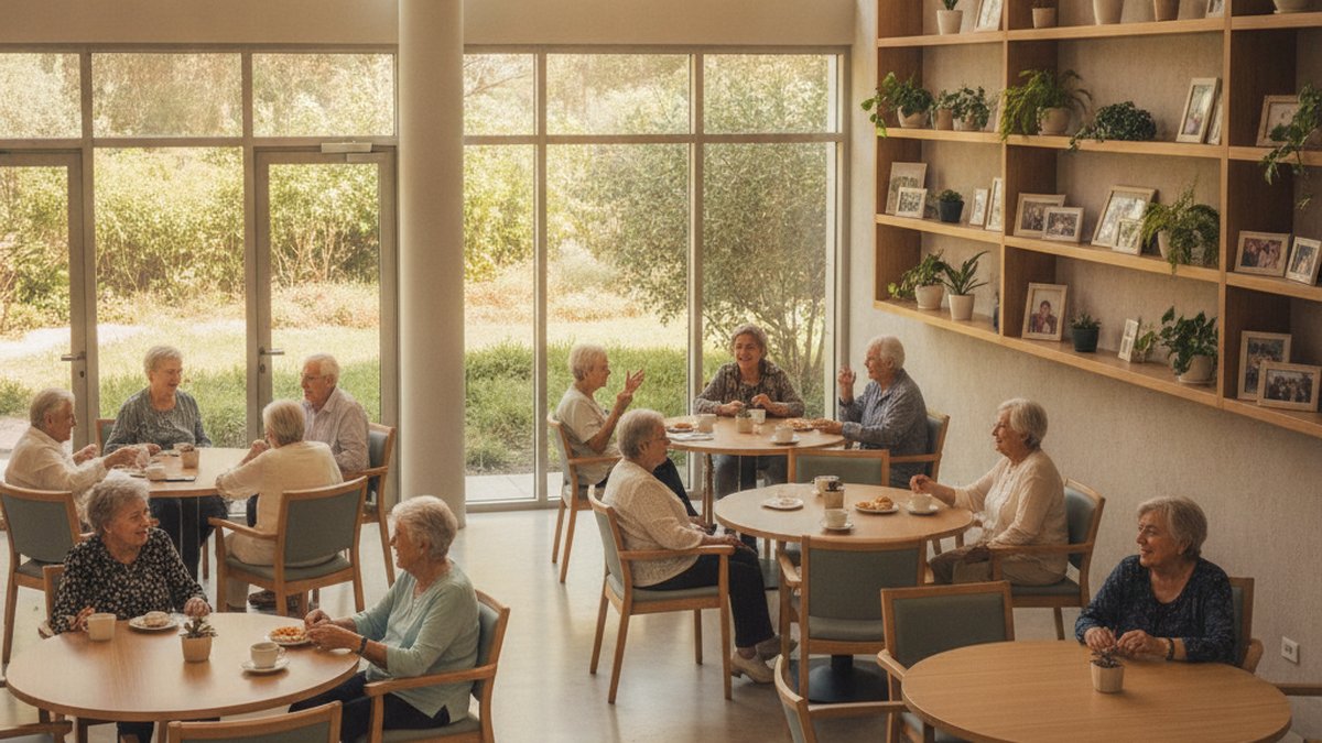 Warm and bright common area in a modern Israeli assisted living facility, elderly men and women sitting together at roun