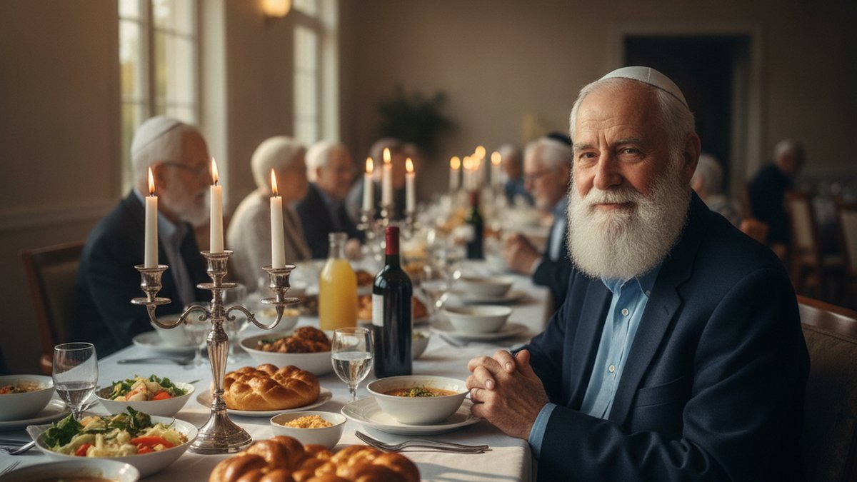 Elderly Jewish man with a white kippah sitting at a Shabbat dinner table in a bright nursing home dining room, silver ca