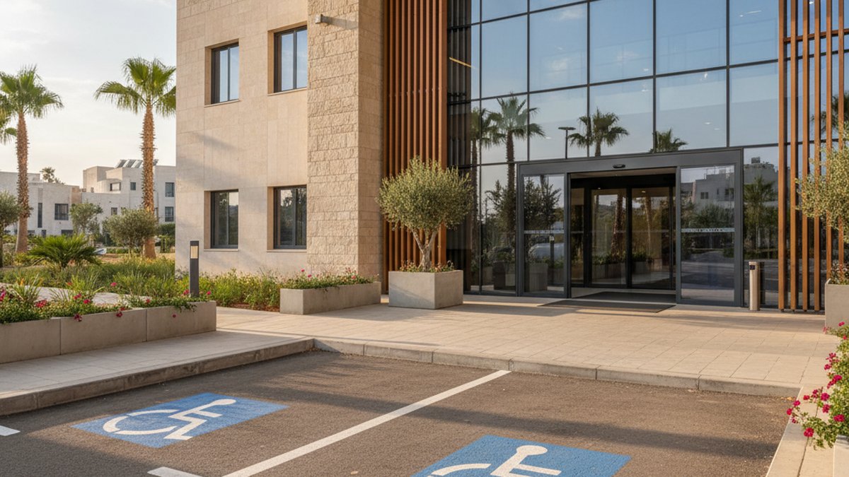 A wide accessible parking spot near the entrance of a modern Israeli senior living facility, marked with blue and white 