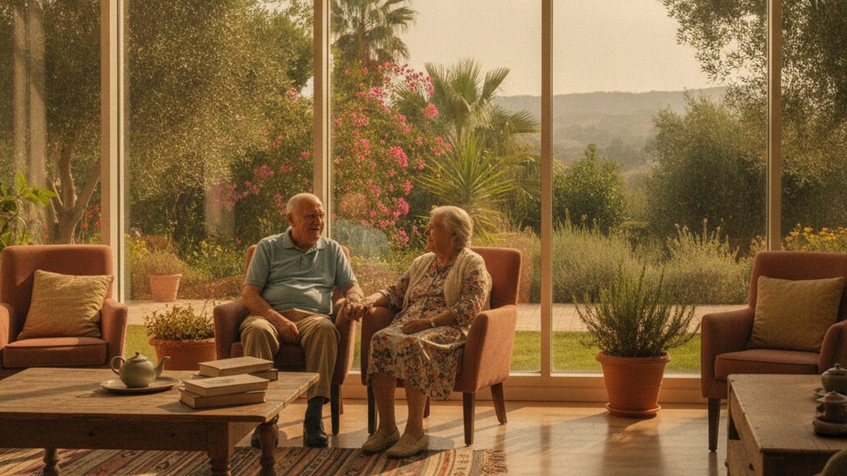Warm sunlit common room in a senior living facility in northern Israel, elderly man and woman sitting together near larg