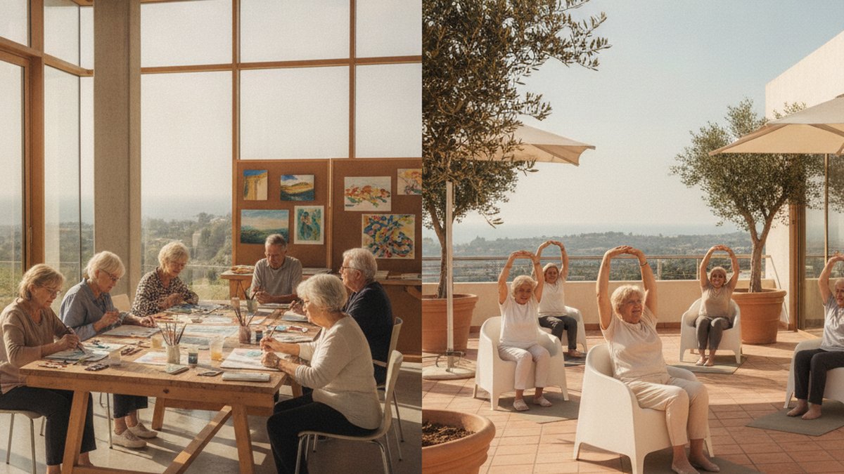 Elderly Israeli residents enjoying diverse leisure activities in a bright modern assisted living facility in northern Is