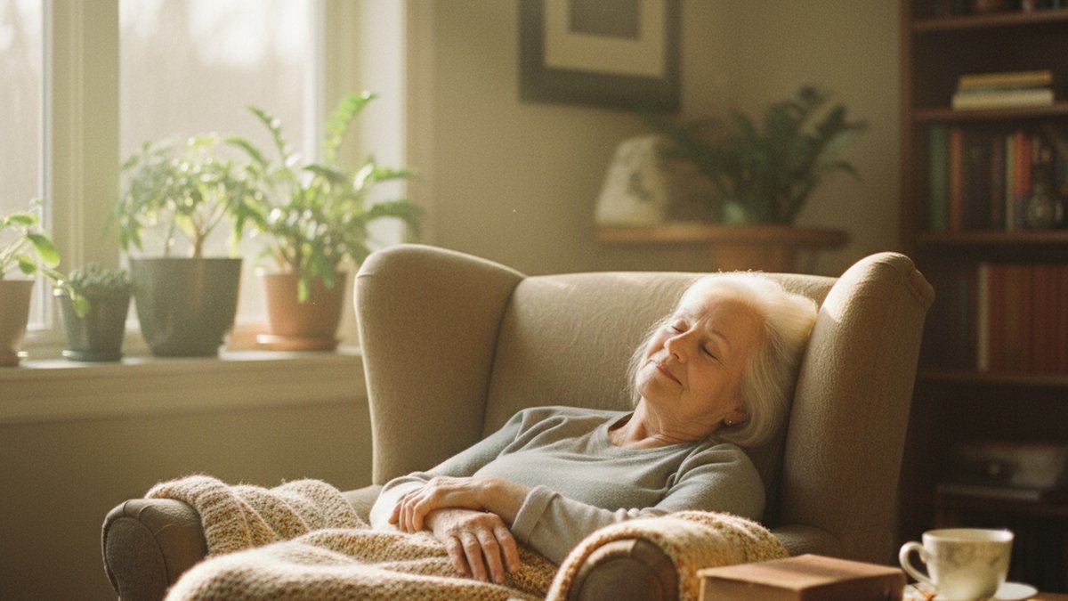 Photorealistic image of an elderly person napping peacefully in a comfortable armchair by a bright sunlit window, warm a